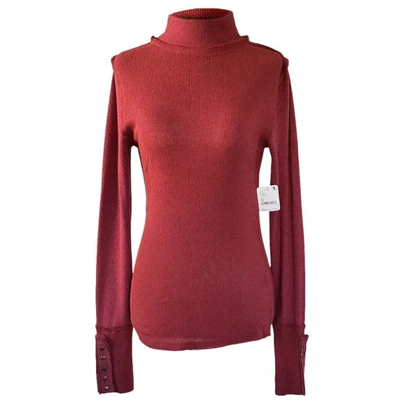 NEW Free People Jojo Mock Neck Long Sleeve Top Off Beat Wine Red Womens Size M - Picture 3 of 15